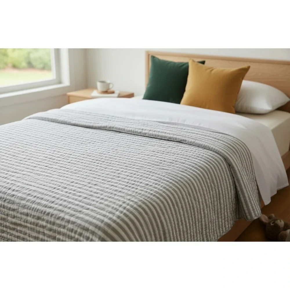 Stone Cottage Ticking Stripe Quilt Grey White 62x80 Cotton Farmhouse Bedding